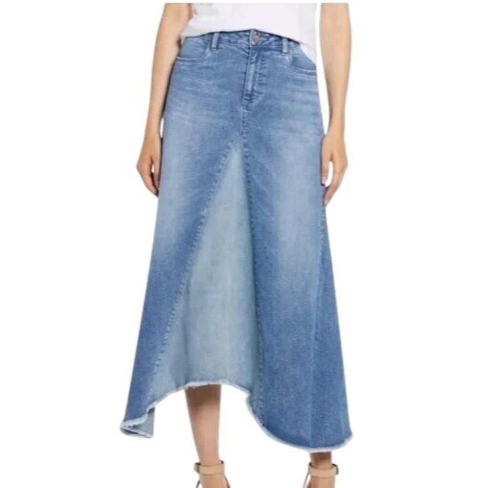 Wash Lab WLab Selma Pieced Denim Fringe Hem Asymmetrical Skirt Womens 31